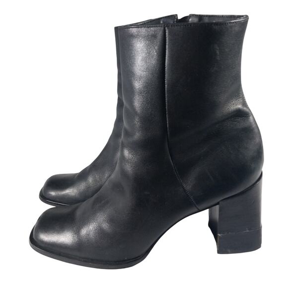 NINE WEST! "SINNY" BLACK GENUINE LEATHER SQUARE TOE CHUNKY HEEL BOOTS! SZ 8.5M - Picture 1 of 12